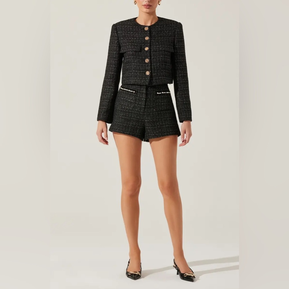 ASTR Faux Pearl Trim Blazer and High Waisted Tweed Shorts Set